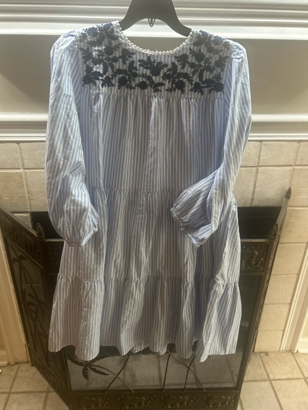 crown & ivy Blue and Navy Striped Embroidered Babydoll Dress